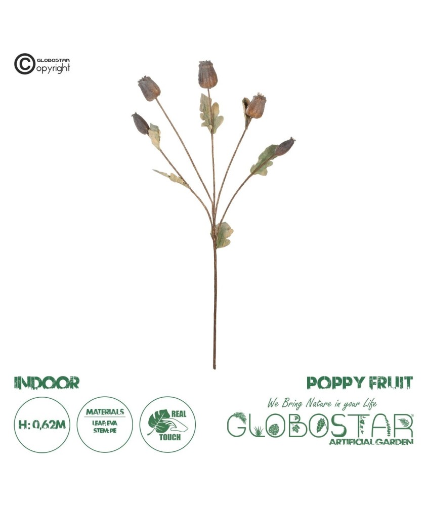 GloboStar® Artificial Garden POPPY FRUIT BRANCH 21432 Τεχνητό Διακοσμητικό Κλαδί Παπαρούνα Y62cm